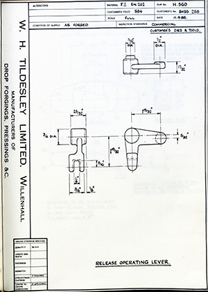 Truck & Bus Division Leyland UK LTD (FKA Leyland Motors) BHSS258 Release Operating Lever WH Tildesley Forging Technical Drawing