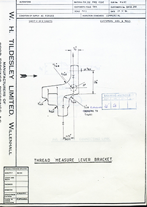 Truck & Bus Division Leyland UK LTD (FKA Leyland Motors) BHSS290 Thread Measure Lever Bracket WH Tildesley Forging Technical Drawing