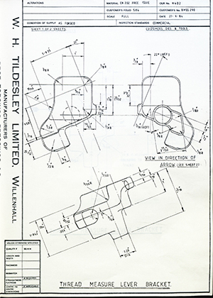 Truck & Bus Division Leyland UK LTD (FKA Leyland Motors) BHSS290 Thread Measure Lever Bracket WH Tildesley Forging Technical Drawing