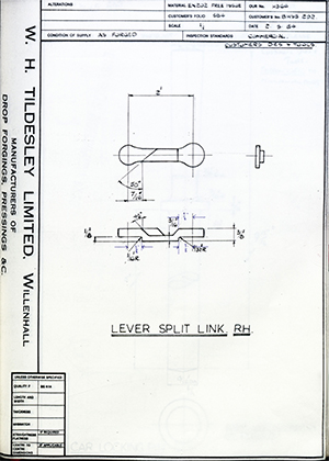 Truck & Bus Division Leyland UK LTD (FKA Leyland Motors) BHSS292 Lever Split Link - RH WH Tildesley Forging Technical Drawing