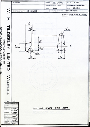 Truck & Bus Division Leyland UK LTD (FKA Leyland Motors) BHSS300 Setting Lever Adjusting Arm WH Tildesley Forging Technical Drawing