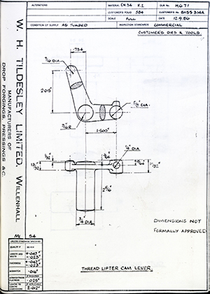 Truck & Bus Division Leyland UK LTD (FKA Leyland Motors) BHSS314A Thread Lifter Cam Lever WH Tildesley Forging Technical Drawing