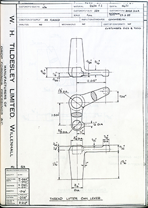 Truck & Bus Division Leyland UK LTD (FKA Leyland Motors) BHSS314A Thread Lifter Cam Lever WH Tildesley Forging Technical Drawing