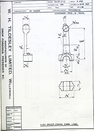 Truck & Bus Division Leyland UK LTD (FKA Leyland Motors) BHSS322 High Spped Crank Connecting Link WH Tildesley Forging Technical Drawing