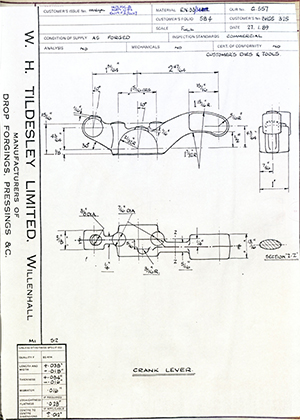 Truck & Bus Division Leyland UK LTD (FKA Leyland Motors) BHSS325 Crank Lever WH Tildesley Forging Technical Drawing