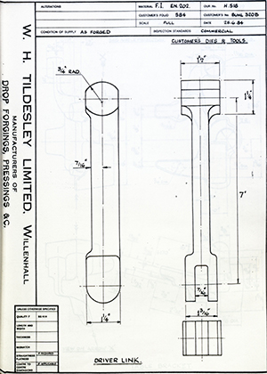 Truck & Bus Division Leyland UK LTD (FKA Leyland Motors) BUHL320B Driver Link WH Tildesley Forging Technical Drawing