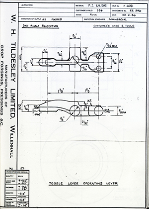 Truck & Bus Division Leyland UK LTD (FKA Leyland Motors) EE396 Toggle Lever Operating Lever WH Tildesley Forging Technical Drawing