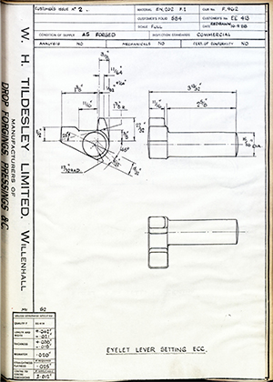 Truck & Bus Division Leyland UK LTD (FKA Leyland Motors) EE413 Eyelet Lever Setting ECC WH Tildesley Forging Technical Drawing