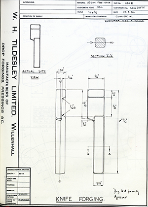 Truck & Bus Division Leyland UK LTD (FKA Leyland Motors) KZG387E Knife Forging WH Tildesley Forging Technical Drawing