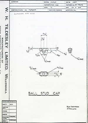 Truck & Bus Division Leyland UK LTD (FKA Leyland Motors) RF742Z Ball Stud Cap WH Tildesley Forging Technical Drawing