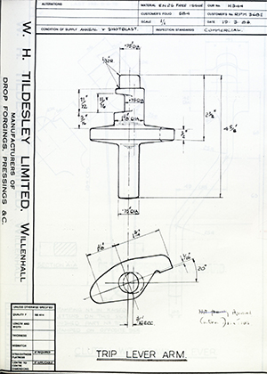 Truck & Bus Division Leyland UK LTD (FKA Leyland Motors) RPM368E Trip Lever Arm WH Tildesley Forging Technical Drawing