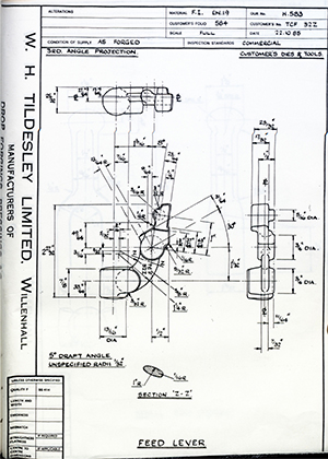 Truck & Bus Division Leyland UK LTD (FKA Leyland Motors) TCF32Z Feed Lever WH Tildesley Forging Technical Drawing