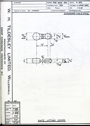 Truck & Bus Division Leyland UK LTD (FKA Leyland Motors) UR&C 5892 Knife Lifting Lever WH Tildesley Forging Technical Drawing