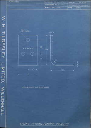 Vauxhall Motors LTD 1010407 Front Spring Bumper Bracket WH Tildesley Forging Technical Drawing