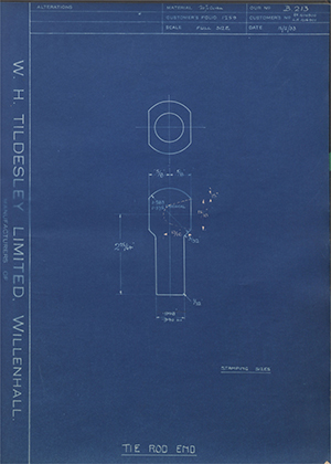 Vauxhall Motors LTD 1016900/RH / 1016901/LH Tie Rod End WH Tildesley Forging Technical Drawing