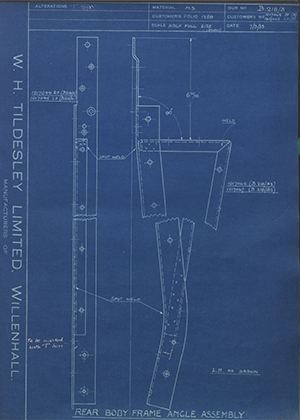 Vauxhall Motors LTD 1017042/RH / 1017043LH Rear Body Frame Angle Assembly WH Tildesley Forging Technical Drawing