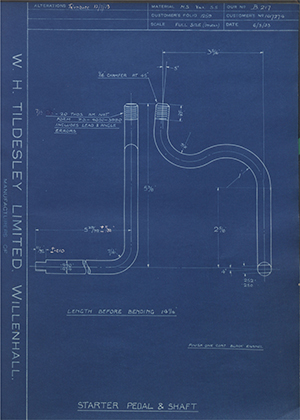 Vauxhall Motors LTD 1017274 Starter Pedal & Shaft WH Tildesley Forging Technical Drawing