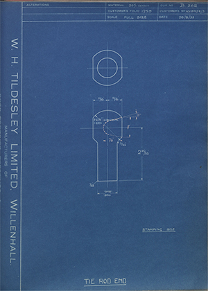 Vauxhall Motors LTD 1019454/5 Tie Rod End WH Tildesley Forging Technical Drawing