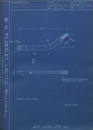 Vauxhall Motors LTD 1020356 Door Check Link - Rear WH Tildesley Forging Technical Drawing