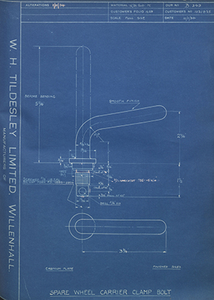 Vauxhall Motors LTD 1021925 Spare Wheel Carrier Clamp Bolt WH Tildesley Forging Technical Drawing