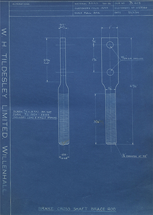 Vauxhall Motors LTD 1023780 Brake Cross Shaft Brace Rod WH Tildesley Forging Technical Drawing