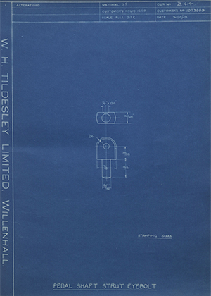 Vauxhall Motors LTD 1023889 Pedal Shaft Strut Eyebolt WH Tildesley Forging Technical Drawing