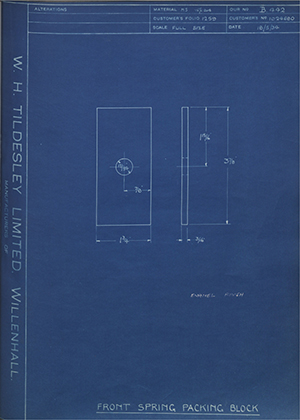 Vauxhall Motors LTD 1024680 Front Spring Packing Block WH Tildesley Forging Technical Drawing