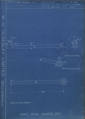 Vauxhall Motors LTD 1026720 Front Wing Valance Stay WH Tildesley Forging Technical Drawing