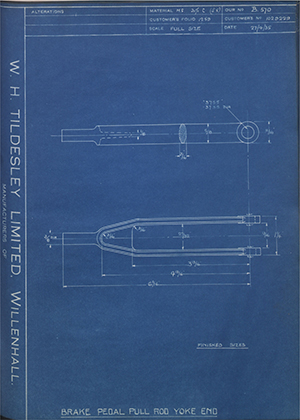 Vauxhall Motors LTD 1029229 Brake Pedal Pull Rod Yoke End WH Tildesley Forging Technical Drawing