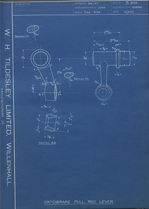 Vauxhall Motors LTD 1033981 Handbrake Pull Rod Lever WH Tildesley Forging Technical Drawing