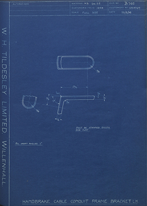 Vauxhall Motors LTD 1034707 Handbrake Cable Conduit Frame Bracket - LH WH Tildesley Forging Technical Drawing