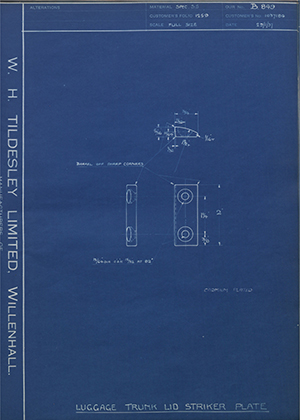 Vauxhall Motors LTD 1037184 Luggage Trunk Lid Striker Plate WH Tildesley Forging Technical Drawing