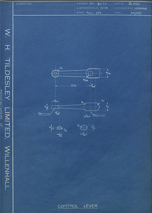 Vauxhall Motors LTD 1039048 Control Lever WH Tildesley Forging Technical Drawing