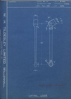 Vauxhall Motors LTD 1043593 Control Lever WH Tildesley Forging Technical Drawing