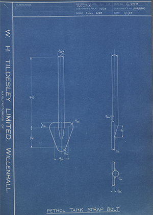 Vauxhall Motors LTD 1049943 Petrol Tank Strap Bolt WH Tildesley Forging Technical Drawing