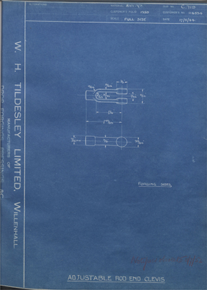 Vauxhall Motors LTD 116534 Adjustable Rod End Clevis WH Tildesley Forging Technical Drawing