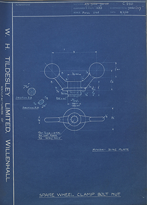 Vauxhall Motors LTD 7050627 Spare Wheel Clamp Bolt Nut WH Tildesley Forging Technical Drawing