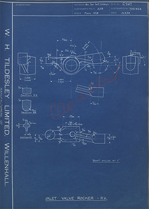 Vauxhall Motors LTD 7051954 Inlet Valve Rocker - RH WH Tildesley Forging Technical Drawing