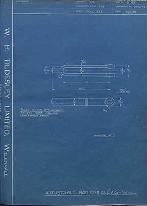 Vauxhall Motors LTD 7056427 Adjustable Rod End Clevis - 5/16" Special WH Tildesley Forging Technical Drawing