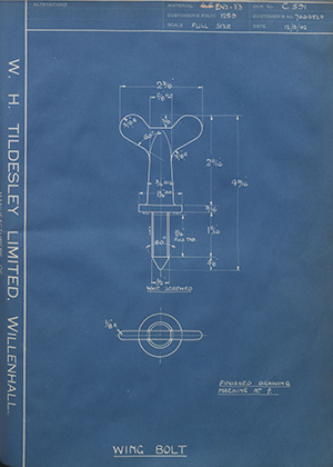 Vauxhall Motors LTD 7064524 Wing Bolt WH Tildesley Forging Technical Drawing