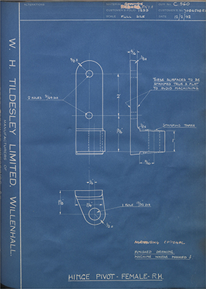 Vauxhall Motors LTD 7064548 - RH Hinge Pivot - Female - RH WH Tildesley Forging Technical Drawing