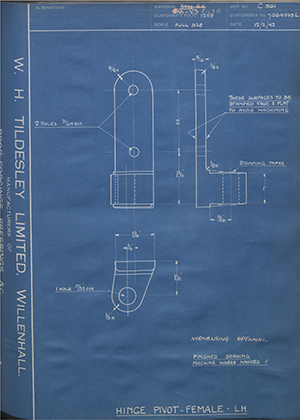 Vauxhall Motors LTD 7064549 - LH Hinge Pivot - Female - LH WH Tildesley Forging Technical Drawing