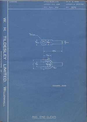 Vauxhall Motors LTD 7074262 Rod End Clevis WH Tildesley Forging Technical Drawing