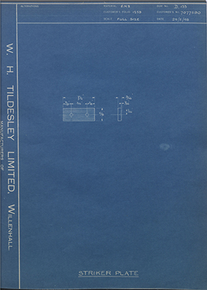 Vauxhall Motors LTD 7077590 Striker Plate WH Tildesley Forging Technical Drawing