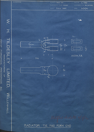 Vauxhall Motors LTD W60291 Radiator Tie Rod Fork End WH Tildesley Forging Technical Drawing