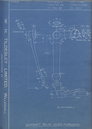 Vauxhall Motors LTD W76054 Gearshift Relay Lever - 1st & Reverse WH Tildesley Forging Technical Drawing