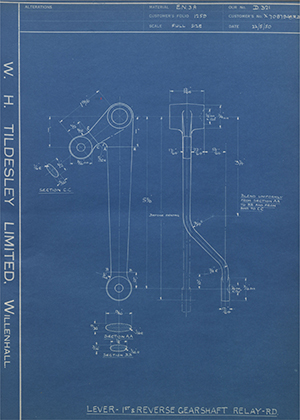 Vauxhall Motors LTD X7087948RD Lever 1st & Reverse Gearshaft Relay - RD WH Tildesley Forging Technical Drawing