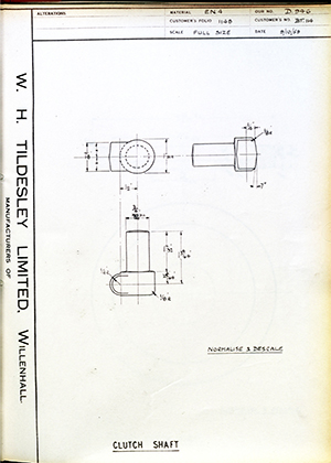 Veloce LTD BT114 Clutch Shaft WH Tildesley Forging Technical Drawing