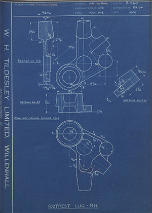 Veloce LTD FA24 Footrest Lug - RH WH Tildesley Forging Technical Drawing