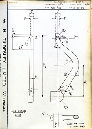 Veloce LTD GC 4/24 Gear Change Lever WH Tildesley Forging Technical Drawing